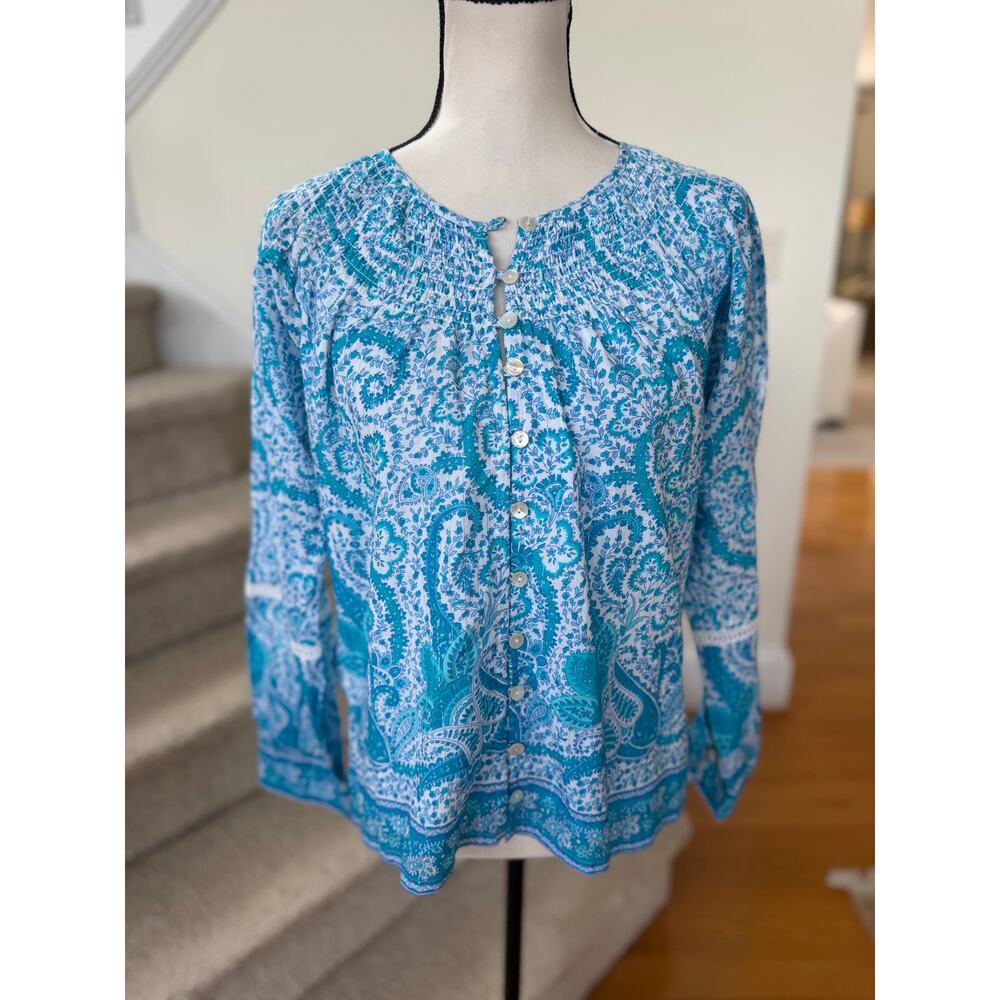 La Plage Blue Paisley Silver Metallic Block Print Long Sleeve Blouse Boho Resort